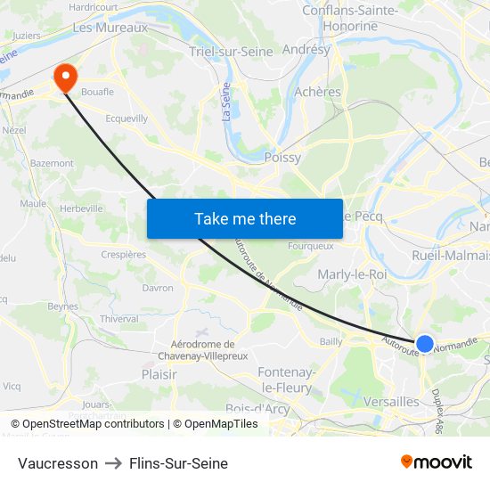 Vaucresson to Flins-Sur-Seine map