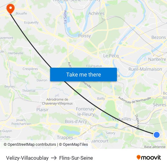 Velizy-Villacoublay to Flins-Sur-Seine map