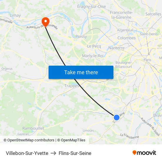 Villebon-Sur-Yvette to Flins-Sur-Seine map