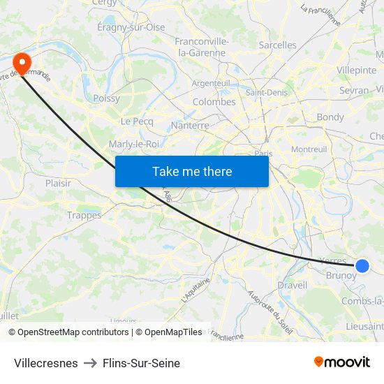 Villecresnes to Flins-Sur-Seine map