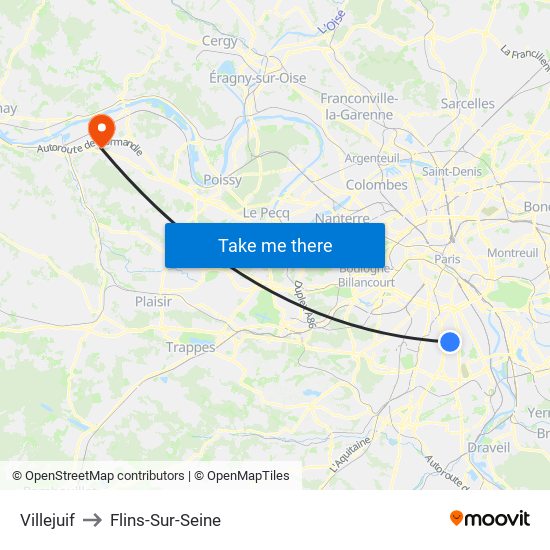 Villejuif to Flins-Sur-Seine map