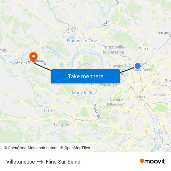 Villetaneuse to Flins-Sur-Seine map