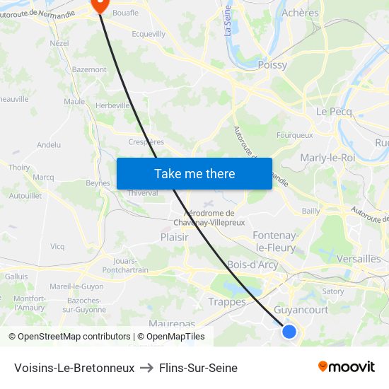 Voisins-Le-Bretonneux to Flins-Sur-Seine map