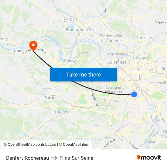 Denfert-Rochereau to Flins-Sur-Seine map