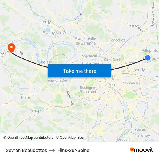 Sevran Beaudottes to Flins-Sur-Seine map