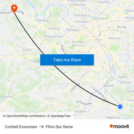 Corbeil-Essonnes to Flins-Sur-Seine map