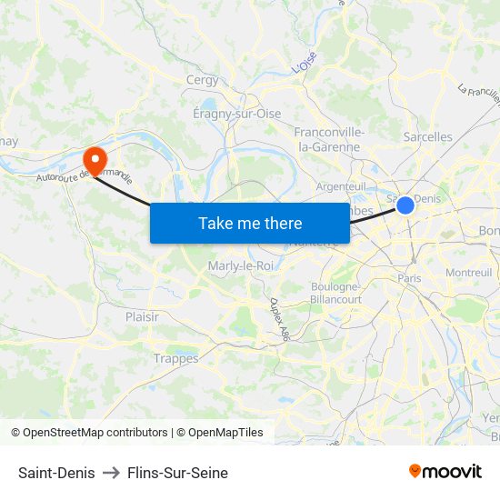 Saint-Denis to Flins-Sur-Seine map