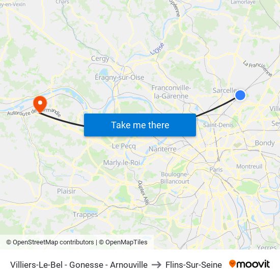 Villiers-Le-Bel - Gonesse - Arnouville to Flins-Sur-Seine map