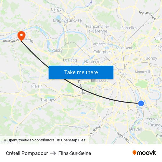 Créteil Pompadour to Flins-Sur-Seine map