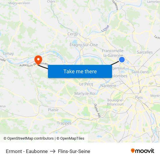 Ermont - Eaubonne to Flins-Sur-Seine map