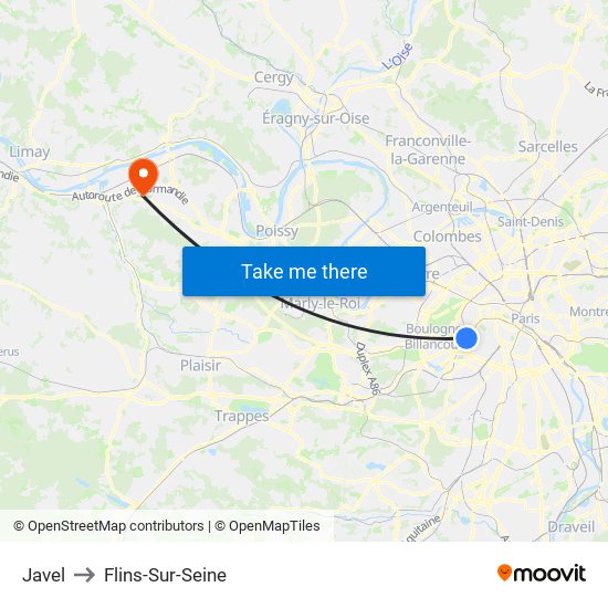 Javel to Flins-Sur-Seine map