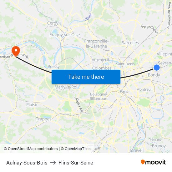 Aulnay-Sous-Bois to Flins-Sur-Seine map