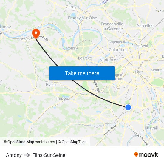 Antony to Flins-Sur-Seine map