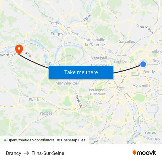 Drancy to Flins-Sur-Seine map