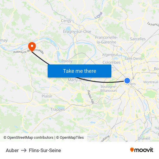 Auber to Flins-Sur-Seine map