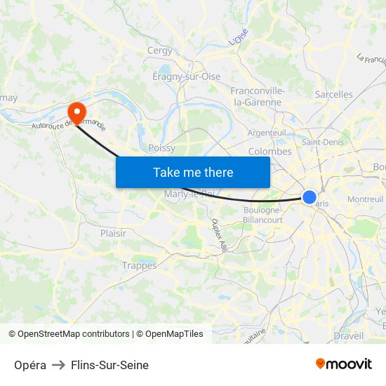 Opéra to Flins-Sur-Seine map