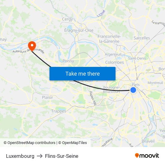 Luxembourg to Flins-Sur-Seine map