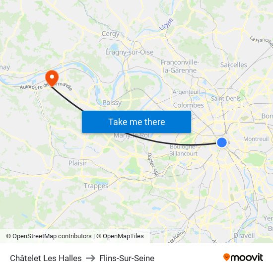 Châtelet Les Halles to Flins-Sur-Seine map