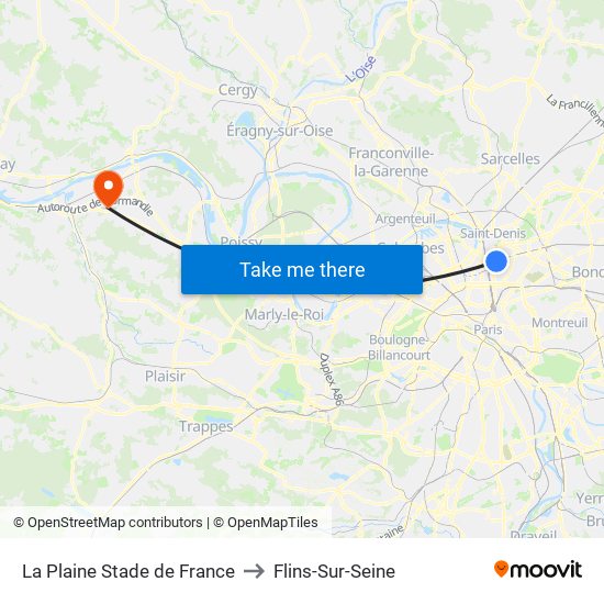 La Plaine Stade de France to Flins-Sur-Seine map