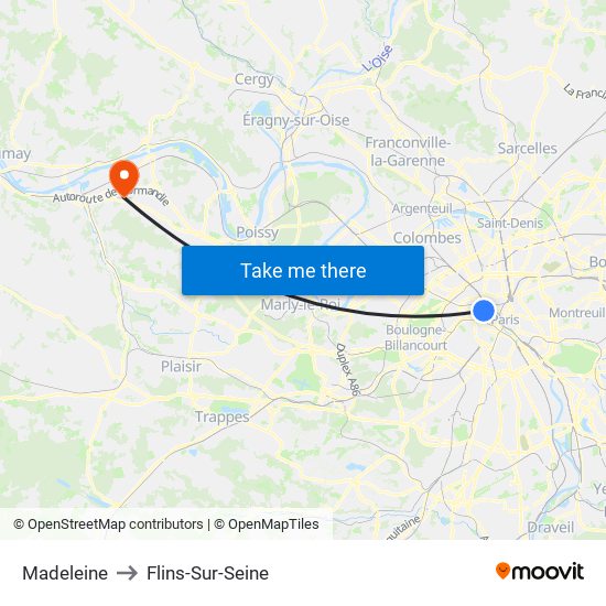 Madeleine to Flins-Sur-Seine map