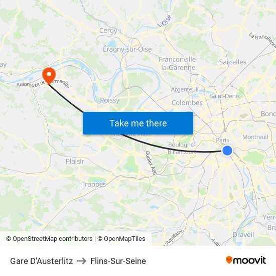 Gare D'Austerlitz to Flins-Sur-Seine map