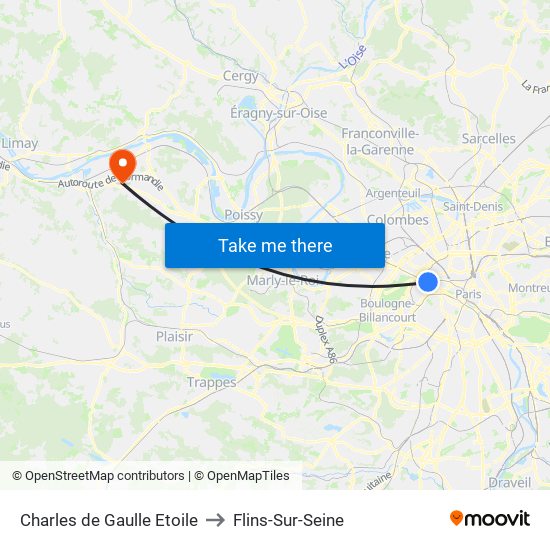 Charles de Gaulle Etoile to Flins-Sur-Seine map