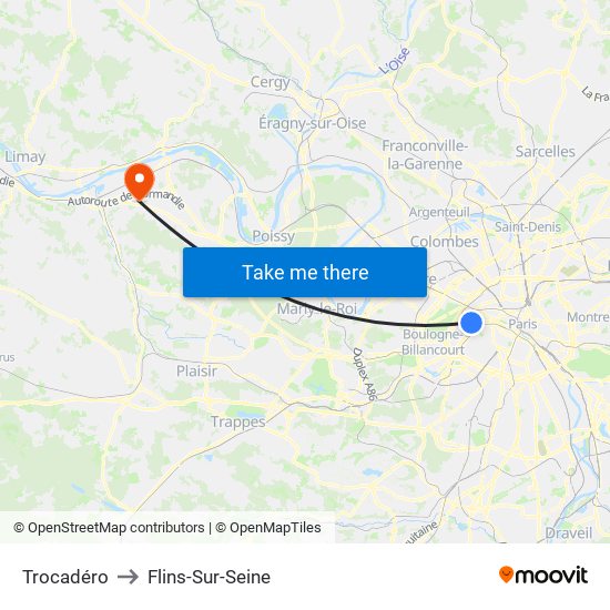 Trocadéro to Flins-Sur-Seine map