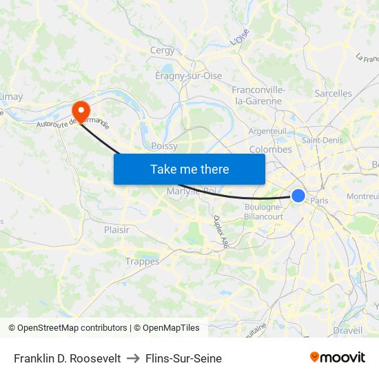 Franklin D. Roosevelt to Flins-Sur-Seine map