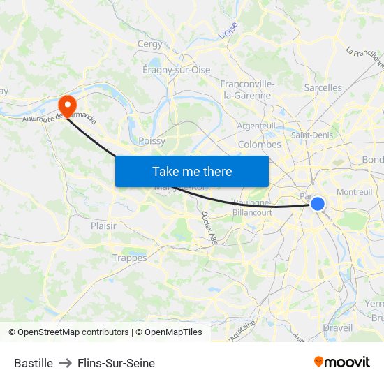 Bastille to Flins-Sur-Seine map