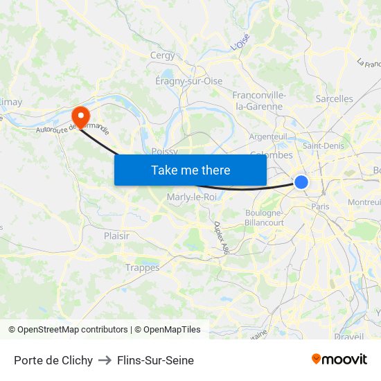 Porte de Clichy to Flins-Sur-Seine map
