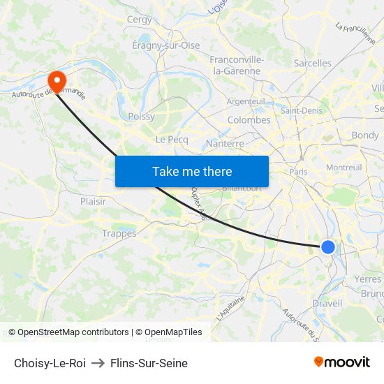 Choisy-Le-Roi to Flins-Sur-Seine map