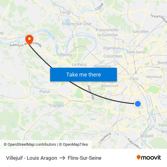 Villejuif - Louis Aragon to Flins-Sur-Seine map