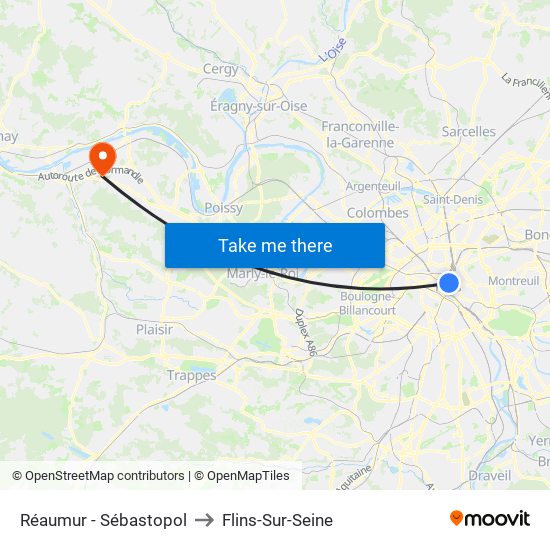 Réaumur - Sébastopol to Flins-Sur-Seine map