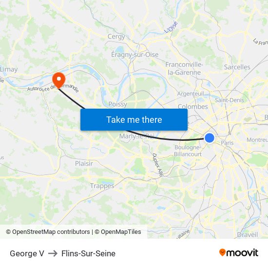 George V to Flins-Sur-Seine map