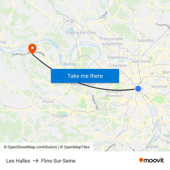 Les Halles to Flins-Sur-Seine map