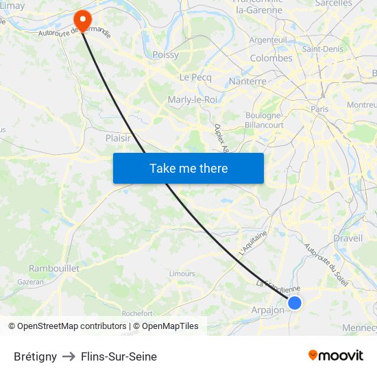 Brétigny to Flins-Sur-Seine map