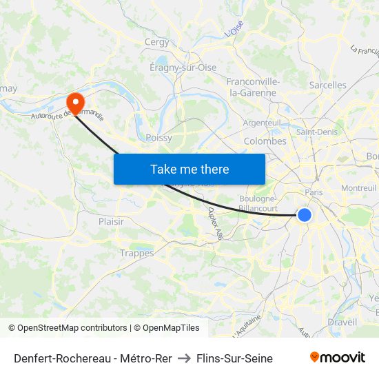 Denfert-Rochereau - Métro-Rer to Flins-Sur-Seine map