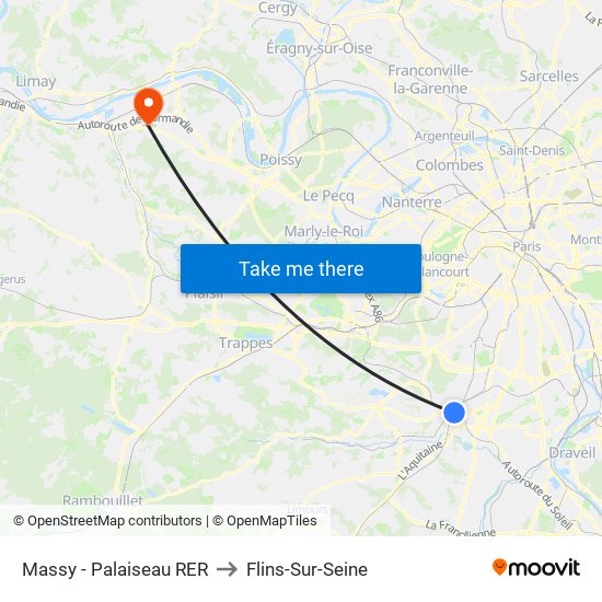 Massy - Palaiseau RER to Flins-Sur-Seine map