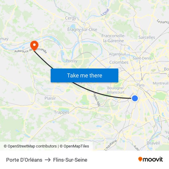 Porte D'Orléans to Flins-Sur-Seine map