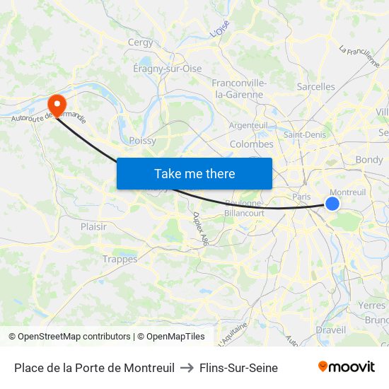 Place de la Porte de Montreuil to Flins-Sur-Seine map
