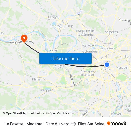 La Fayette - Magenta - Gare du Nord to Flins-Sur-Seine map