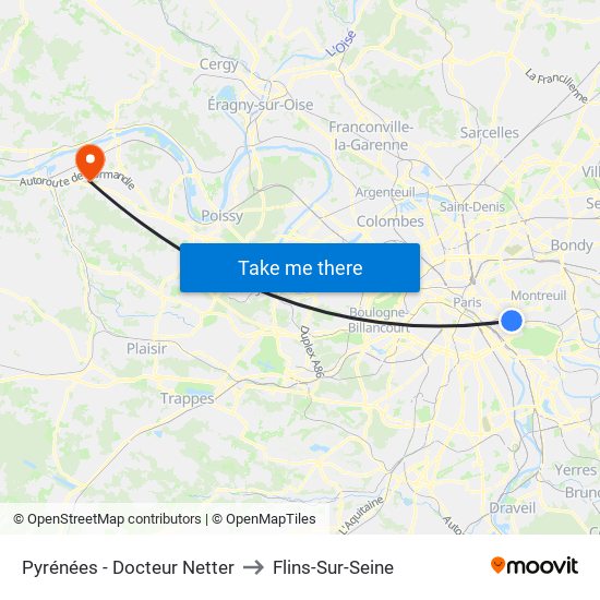 Pyrénées - Docteur Netter to Flins-Sur-Seine map