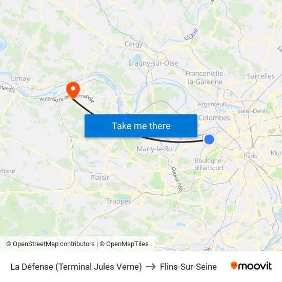 La Défense (Terminal Jules Verne) to Flins-Sur-Seine map