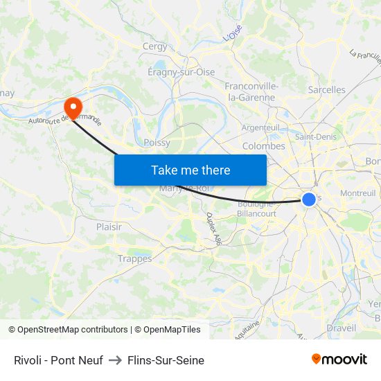 Rivoli - Pont Neuf to Flins-Sur-Seine map
