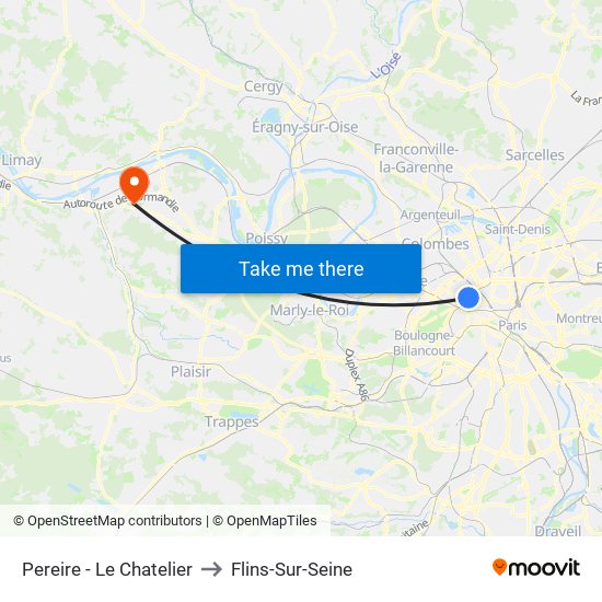 Pereire - Le Chatelier to Flins-Sur-Seine map