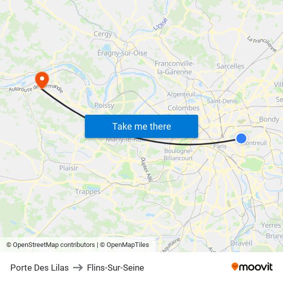 Porte Des Lilas to Flins-Sur-Seine map