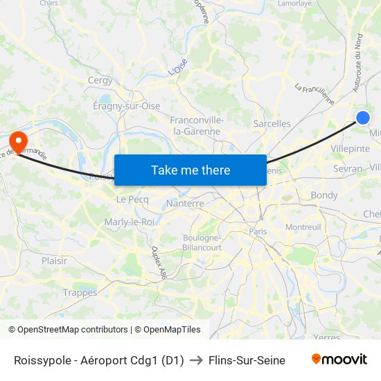 Roissypole - Aéroport Cdg1 (D1) to Flins-Sur-Seine map