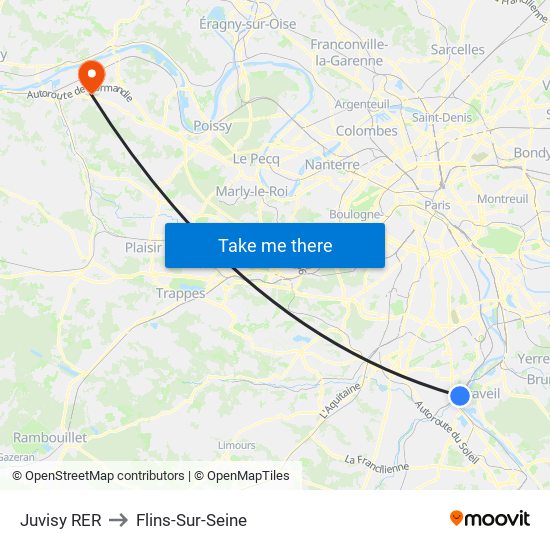 Juvisy RER to Flins-Sur-Seine map