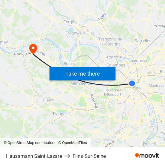 Haussmann Saint-Lazare to Flins-Sur-Seine map