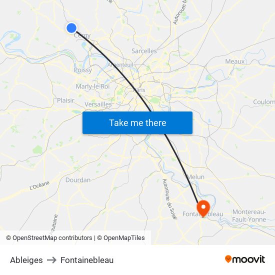 Ableiges to Fontainebleau map